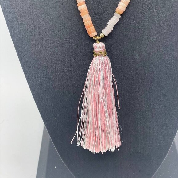Serefina Pink Peach Quartz Statement Tassel Pendant Necklace Adjustable - Picture 2 of 6